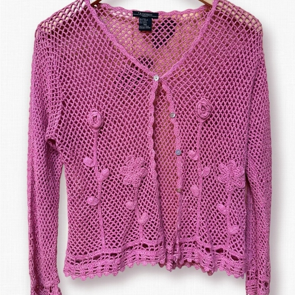 Vintage | Crochet Floral Cardigan Sweater - Pink